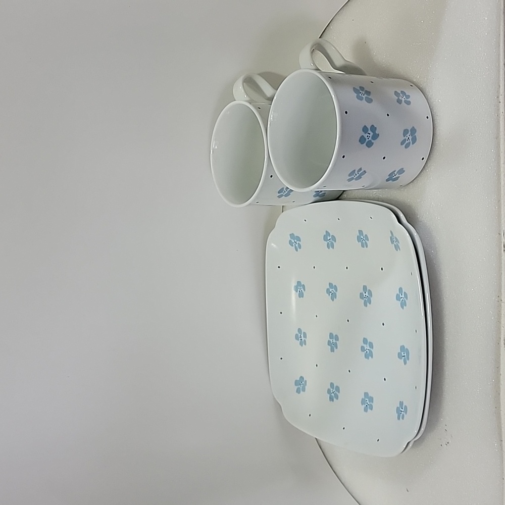 Vintage Blue Floral Set Of Dessert Plates And Cups